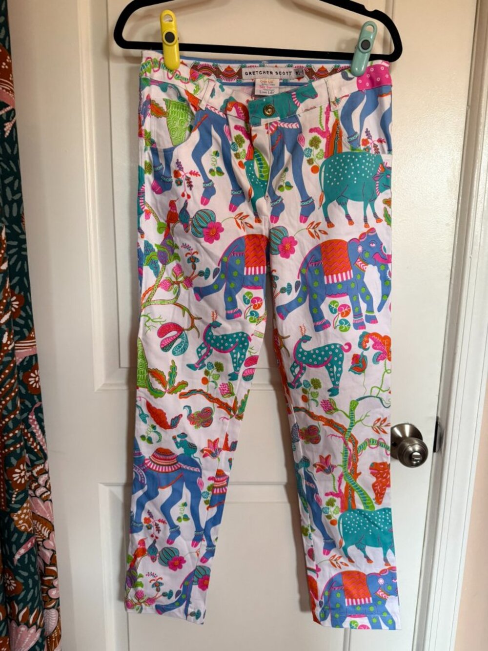 Vintage Gretchen Scott Fun Cotton Pants in Whimsical Elephant Print - Picture 1 of 5